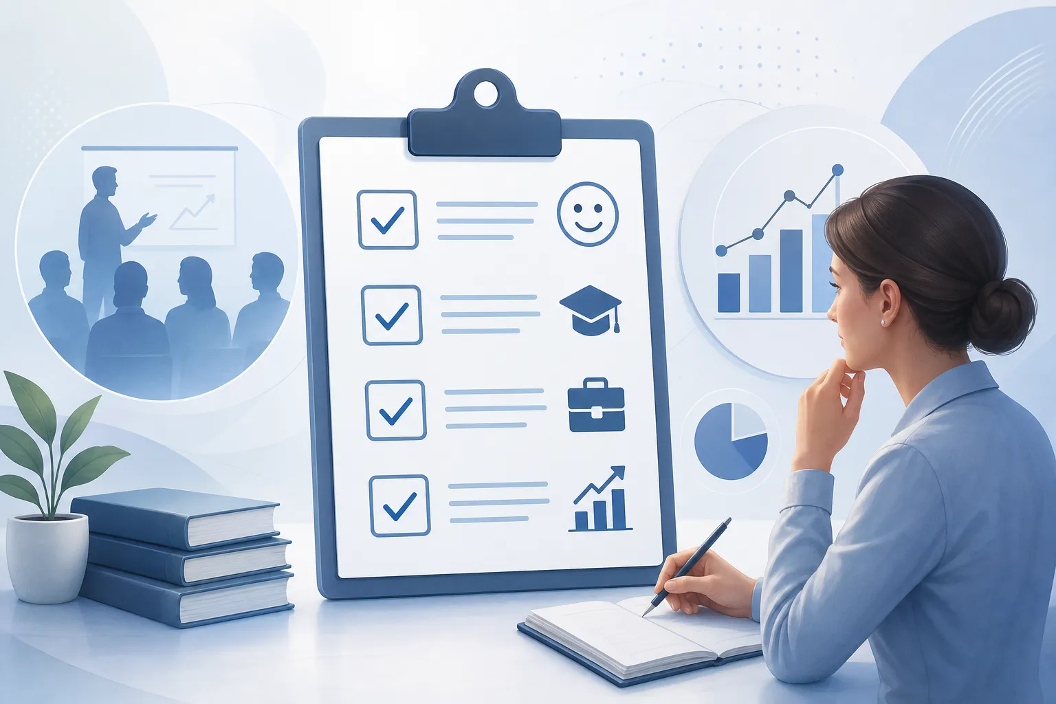 Сотрудница составляет анкету обратной связи после обучения